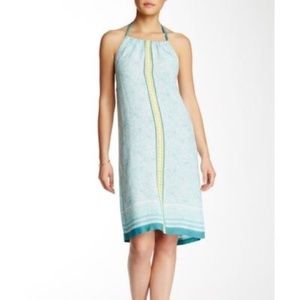 Tommy Bahama Aqua Blue Yellow Halter Dress Size M Coastal Beach Lightweight
